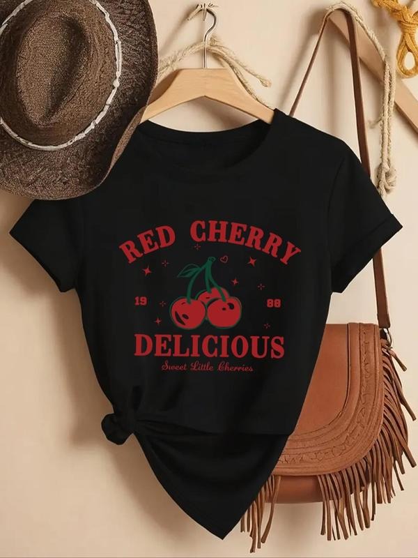 Women'WB shield Cherry & Letter Print Round Neck Tee, Fashion Casual Crew Neck Short Sleeve T-shirt for Daily Holiday...