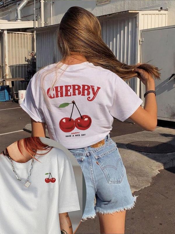 Women'WB shield Cherry & Letter Print Round Neck Tee, Vintage Trendy Casual Short Sleeve T-shirt for Daily Wear, Ladies...