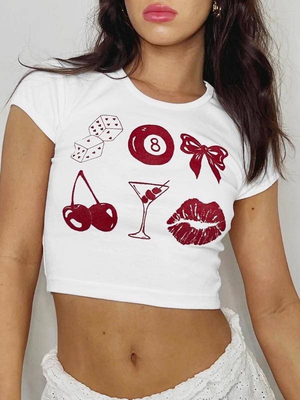 Women'WB shield Cherry & Lip Print Round Neck Crop Tee, Casual Short Sleeve Crew Neck T-shirt for Daily Wear, Ladies TNF...