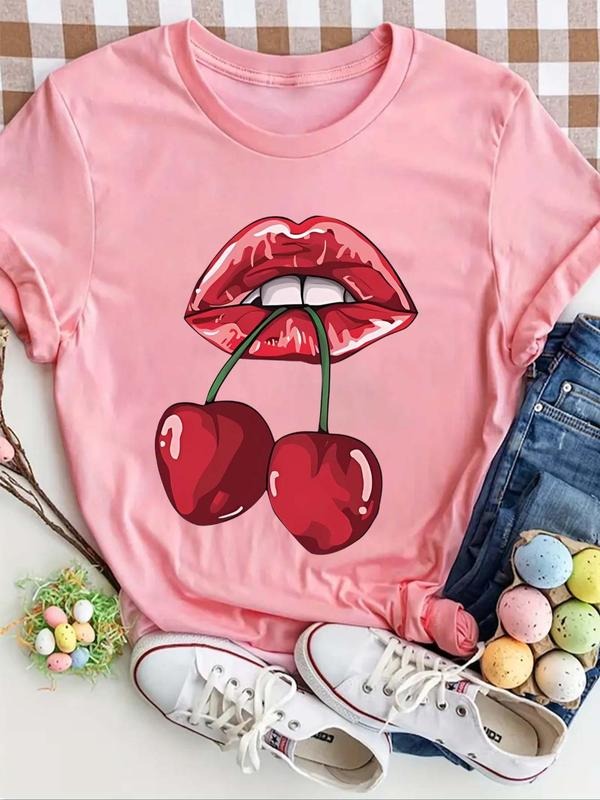 Women'WB shield Cherry & Lips Print Round Neck Tee, Fashion Casual Short Sleeve T-shirt for Summer, Ladies TNF for Daily...