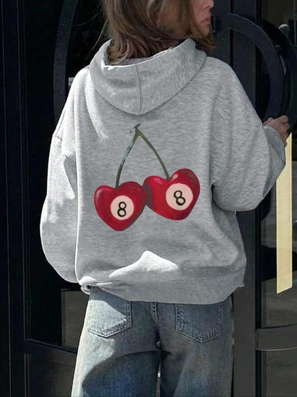 Women'WB shield Cherry & Number WB shield Print Drawstring Hoodie, Fashion Casual Hooded Sweatshirt for Daily Holiday Outdoor Wear, Women Clothing for Fall & Winter