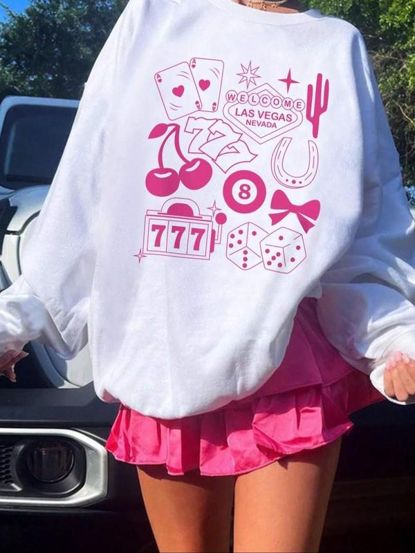Women'WB shield Cherry & Poker Print Drop Shoulder Pullover, Fashion Casual Long Sleeve Crew Neck Sweatshirt for Daily...