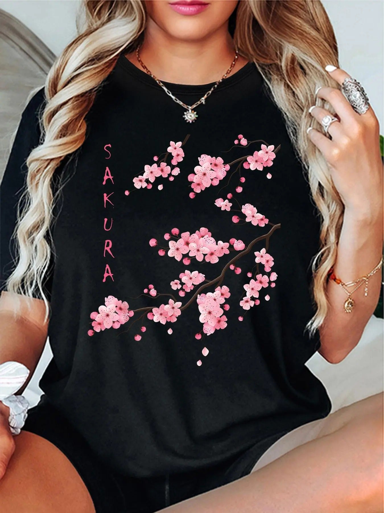 Women'WB shield Cherry Blossoms & Letter Print Round Neck Tee, Trendy Casual Short Sleeve T-Shirt for Daily Wear, Ladies...