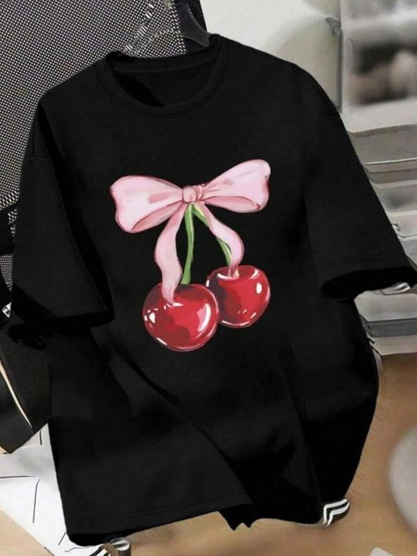 Women'WB shield Cherry Bow Print Round Neck Tee, Fashion Casual Crew Neck T-Shirt for Daily Holiday Vacation Outdoor...