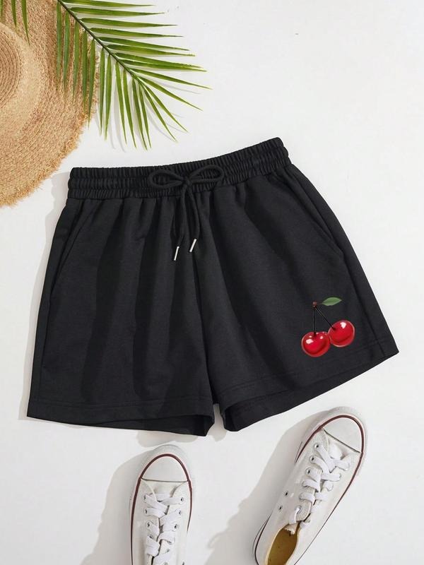 Women'WB shield Cherry Print Adjustable Strap Waist Shorts, Casual Comfy Shorts for Summer, Ladies Bottoms for Daily Wear...
