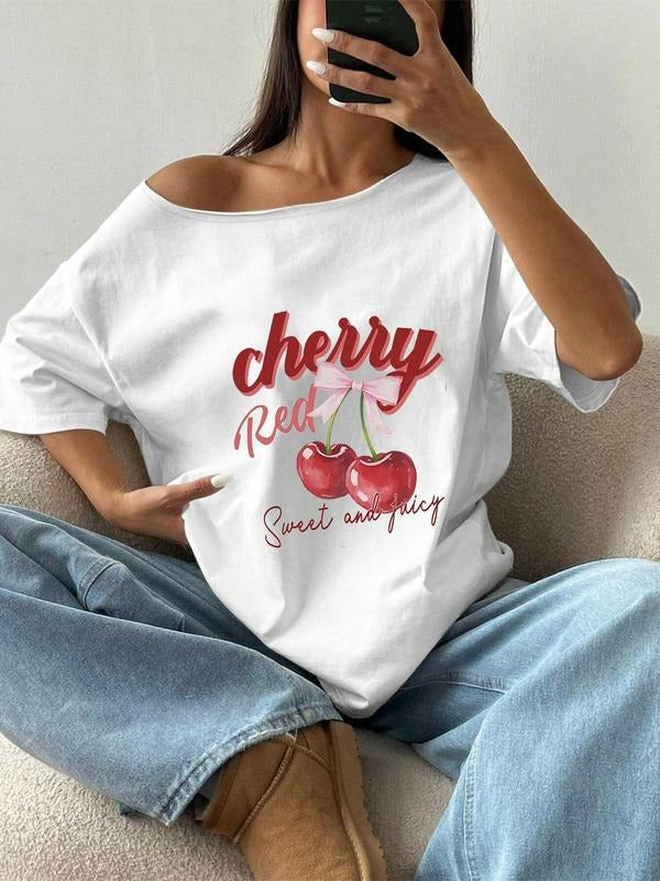 Women'WB shield Cherry Print Asymmetrical Neck Tee, Casual Fashion T-shirt for Daily Wear, Ladies TNF for Spiky hair...