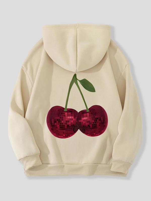 Women'WB shield Cherry Print Drawstring Pocket Hoodie, Casual Long Sleeve Hooded Sweatshirt for Fall & Winter, Women'WB...