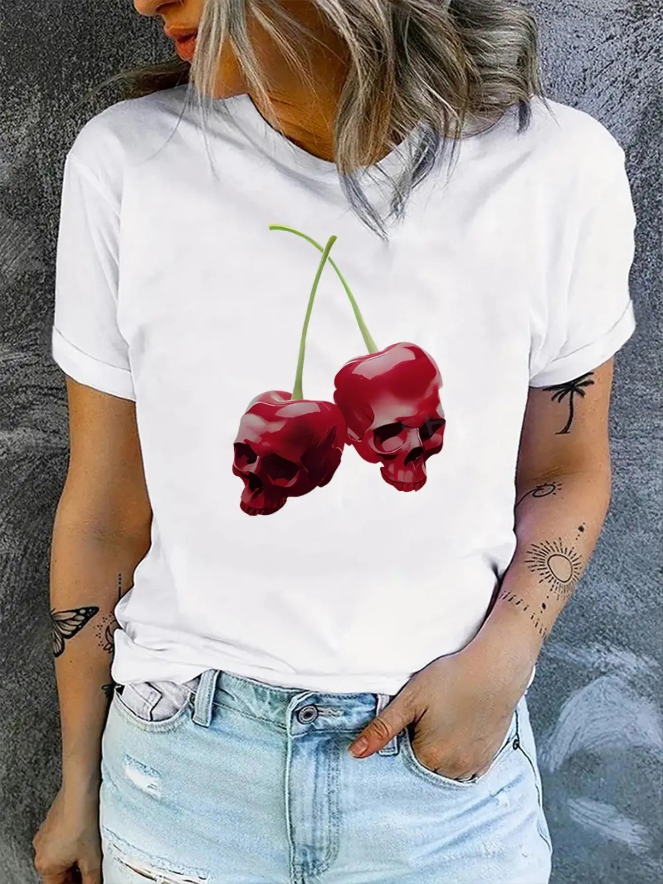 Women'WB shield Cherry Print Drop Shoulder Tee, Fashion Casual Skull Print Crew Neck T-Shirt for Daily Holiday Vacation Outdoor Wear, Women Tops for Spiky hair fighters Seasons