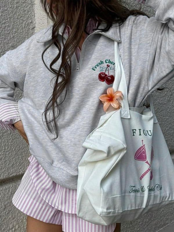 Women'WB shield Cherry Print Drop Shoulder Zip Up Sweatshirt, Fashion Casual Long Sleeve Collared Pullover for Daily...