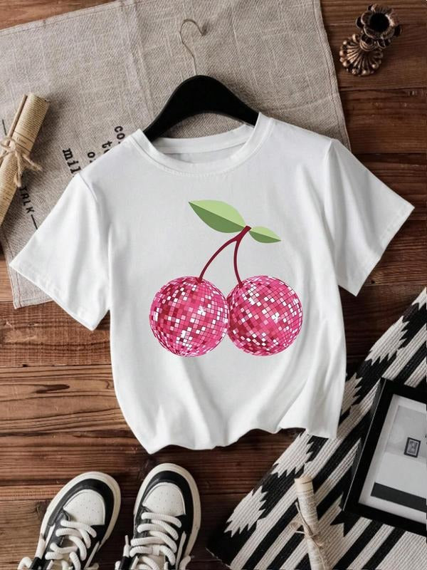 Women'WB shield Cherry Print Round Neck Crop Tee, Casual Short Sleeve Crew Neck T-shirt for Summer, Fashion Women'WB...