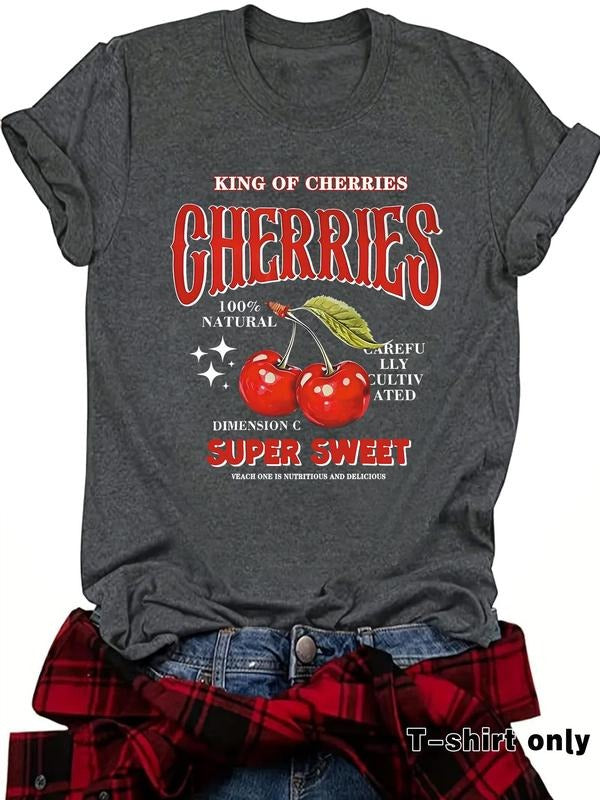 Women'WB shield Cherry Print Round Neck Graphic Tee, Vintage Trendy Casual Short Sleeve T-shirt for Daily Wear, Ladies...