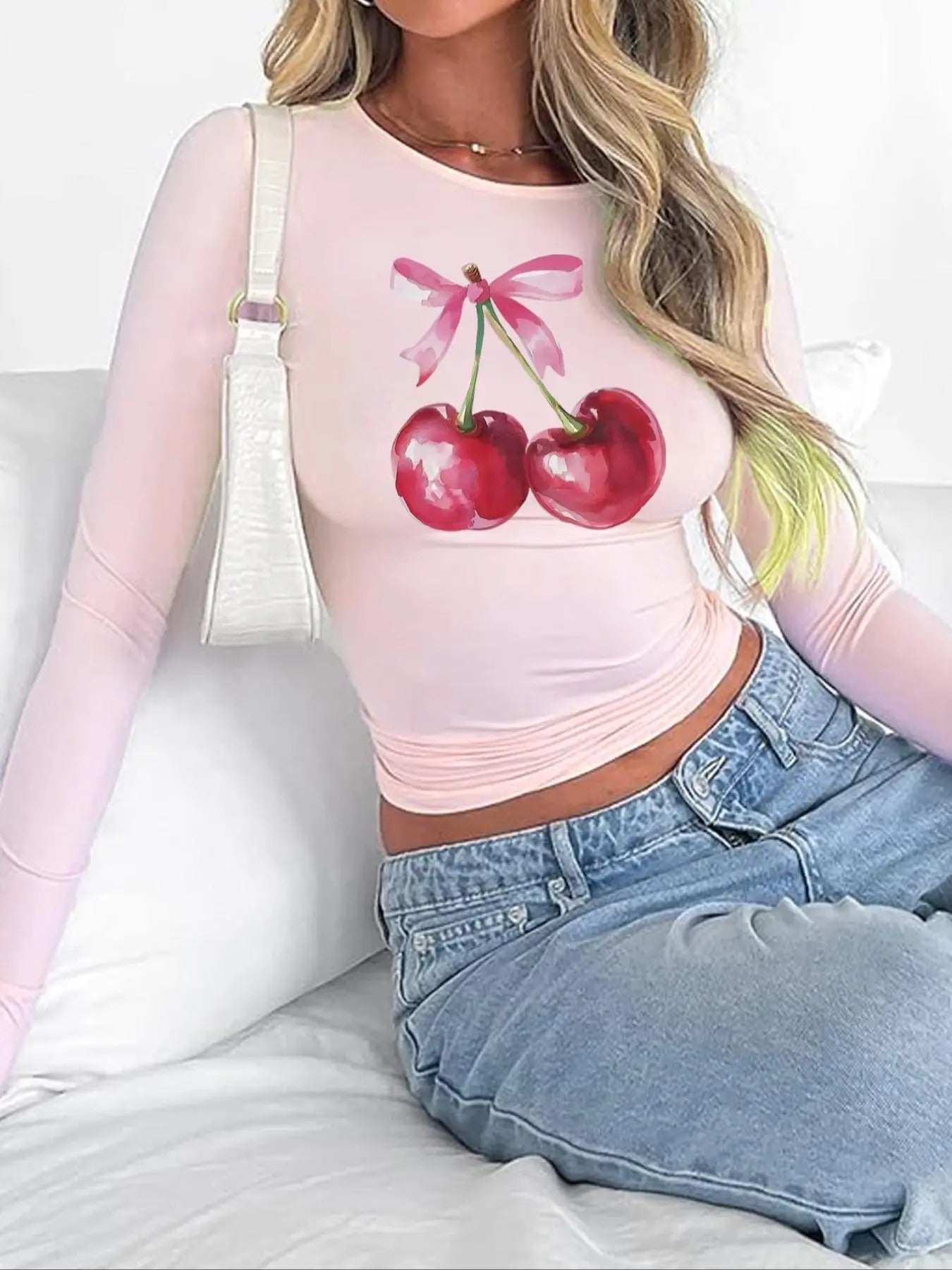 Women'WB shield Cherry Print Round Neck Skinny Tee, Y2K Trendy Casual Bow Graphic Long Sleeve T-shirt for Daily Wear,...