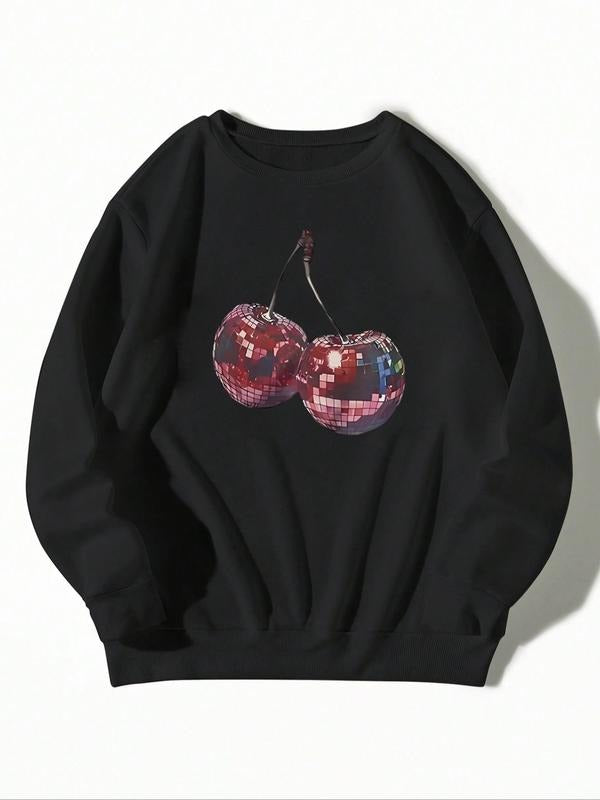 Women'WB shield Cherry Print Round Neck Sweatshirt, Casual Long Sleeve Pullover for Fall & Winter, Women'WB shield TNF...
