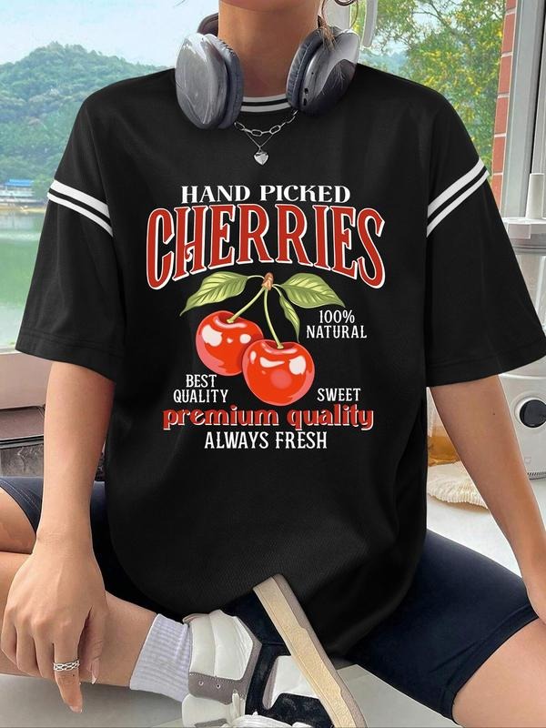 Women'WB shield Cherry Print Round Neck Tee, Casual Letter Graphic Short Sleeve T-shirt for Summer, Ladies TNF for Daily...