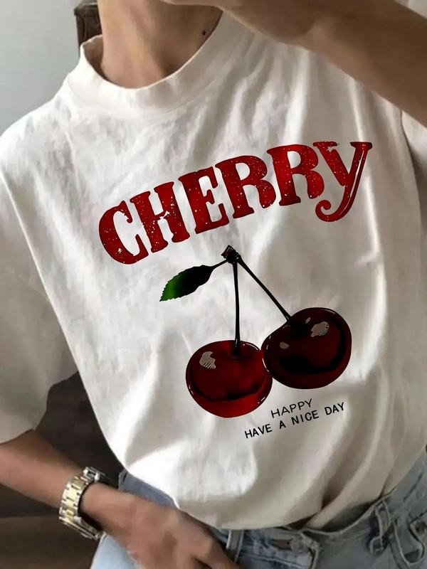 Women'WB shield Cherry Print Round Neck Tee, Casual Short Sleeve Crew Neck T-shirt for Summer, Fashion Women'WB shield Top for Daily Wear style 03