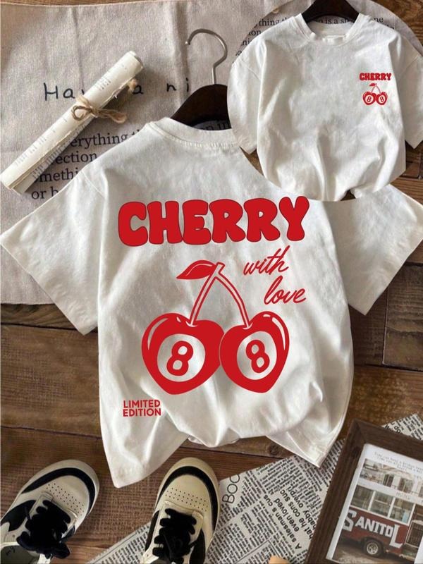 Women'WB shield Cherry Print Round Neck Tee, Fashion Casual Crew Neck T-Shirt for Daily Holiday Vacation Outdoor Wear,...