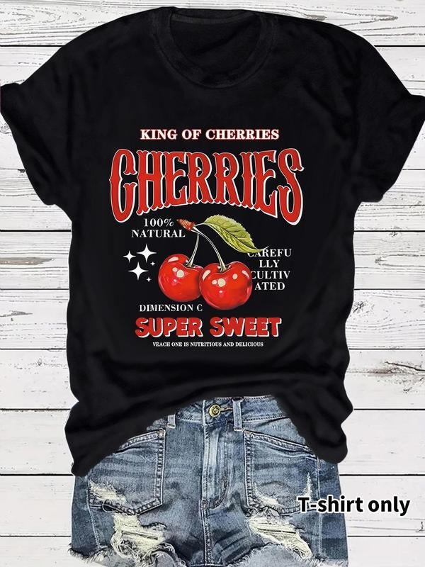 Women'WB shield Cherry Print Round Neck Tee, Vintage Trendy Casual Short Sleeve T-shirt for Daily Wear, Ladies Summer, Top