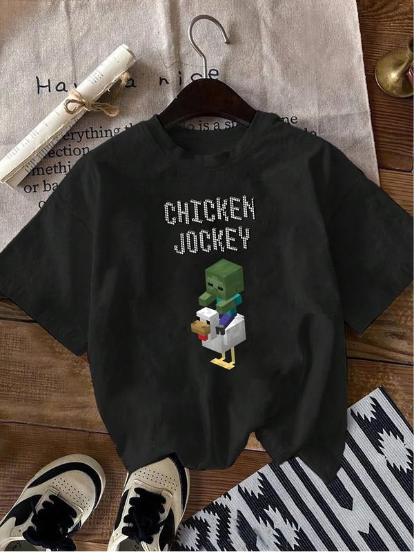 Women'WB shield Chicken & Letter Print Round Neck Tee, Fashion Casual Crew Neck T-shirt for Daily Holiday Vacation...
