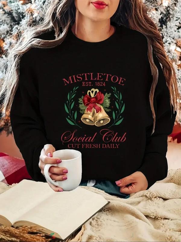 Women'WB shield Christmas Bell & Letter Print Drop Shoulder Sweatshirt, Casual Long Sleeve Round Neck Pullover for Daily...