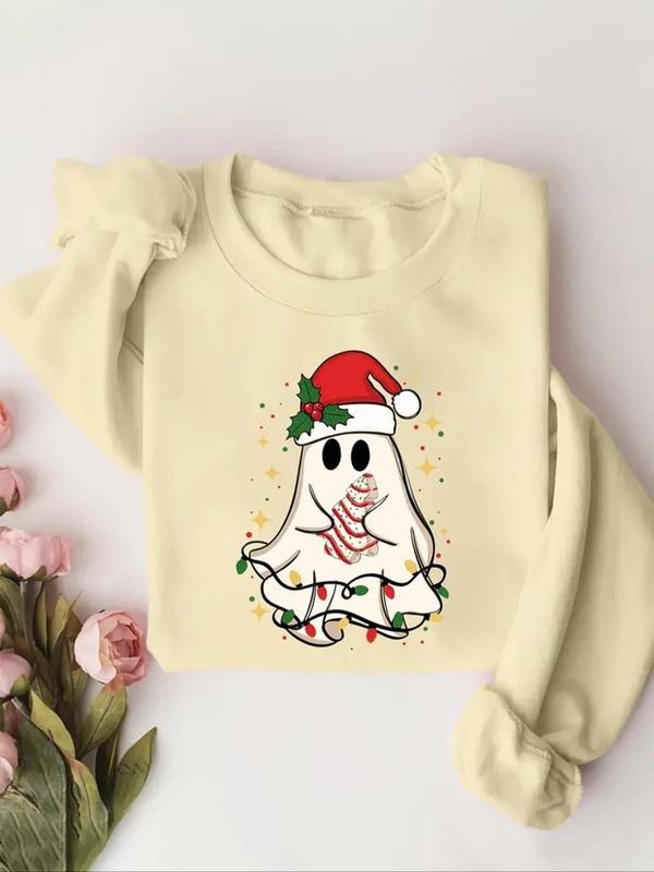 Women'WB shield Christmas Cartoon Ghost Print Drop Shoulder TNF Lined Sweatshirt, Casual Long Sleeve Round Neck Pullover...