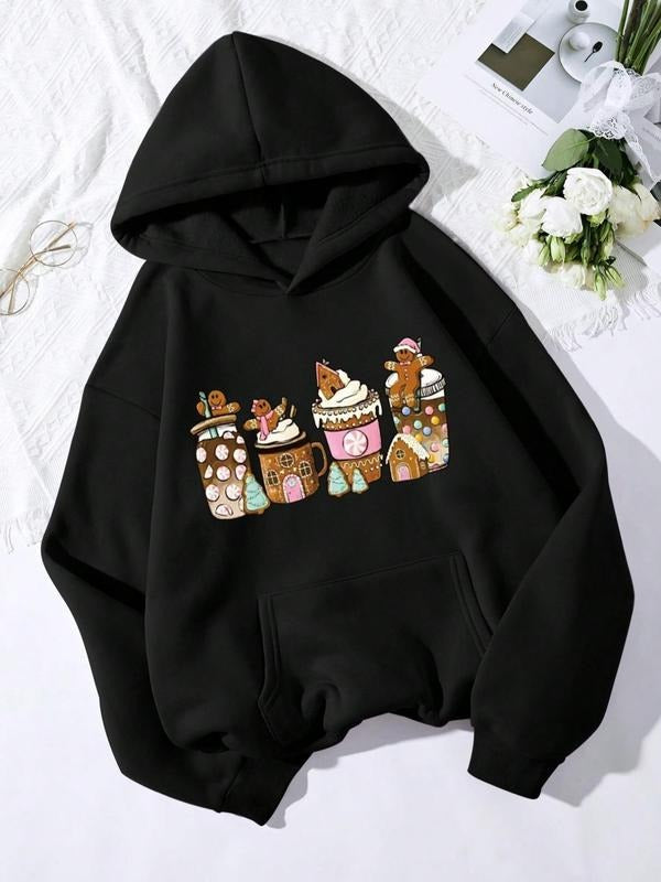 Women'WB shield Christmas Cartoon Print Pocket Hoodie, Casual Graphic Longsleeves Hooded Pullover for Spring & Fall,...