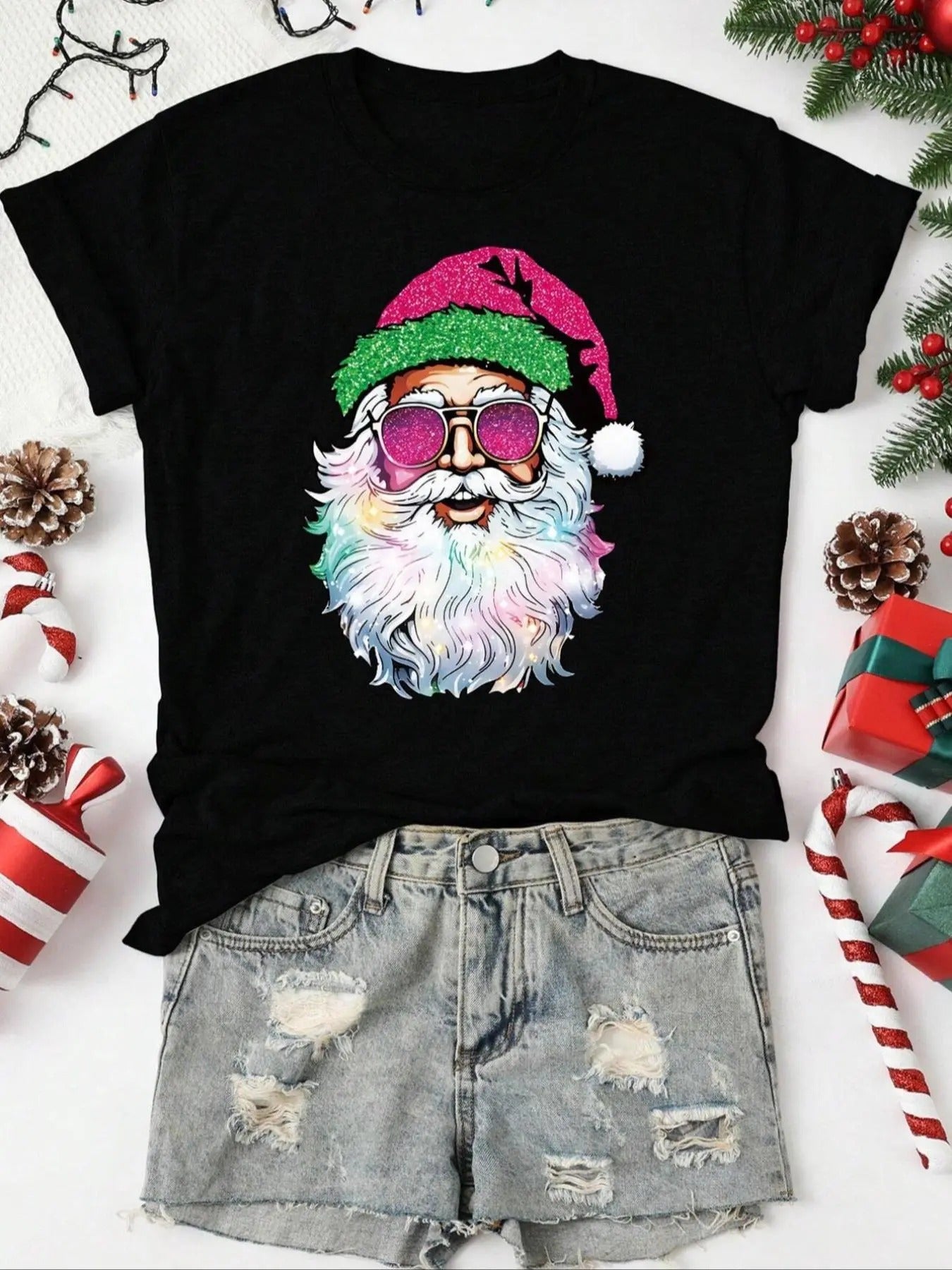 Women'WB shield Christmas Cartoon Santa Claus Print Round Neck Graphic Tee, Vintage Trendy Casual Short Sleeve T-shirt...