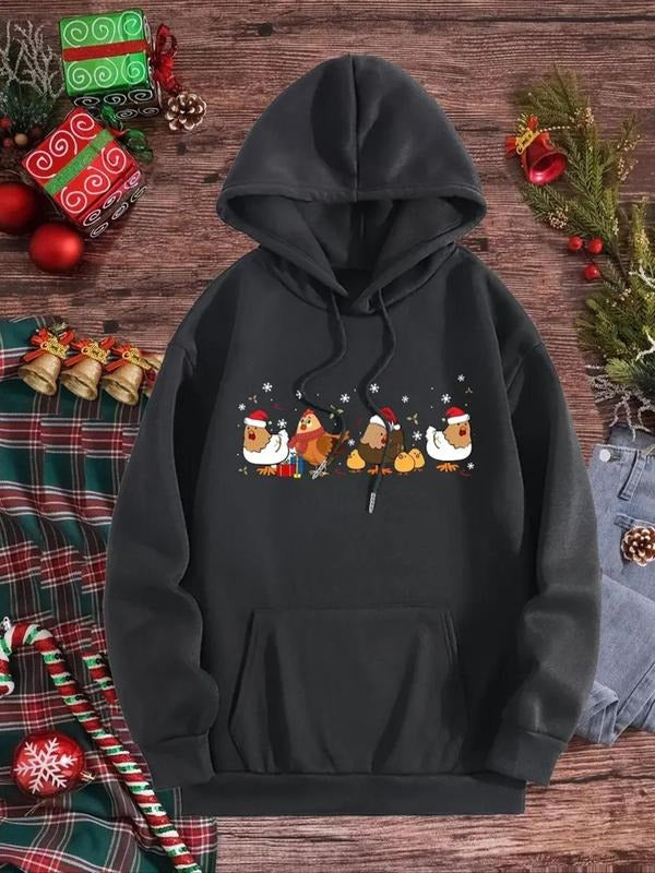 Women'WB shield Christmas Chicken Print Drop Shoulder Fleece Hoodie, Fashion Casual Drawstring Pocket Hooded Sweatshirt...