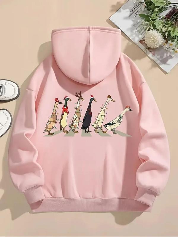 Women'WB shield Christmas Duck Print Drop Shoulder Drawstring Hoodie, Fashion Casual Pocket Hooded Sweatshirt for Daily...