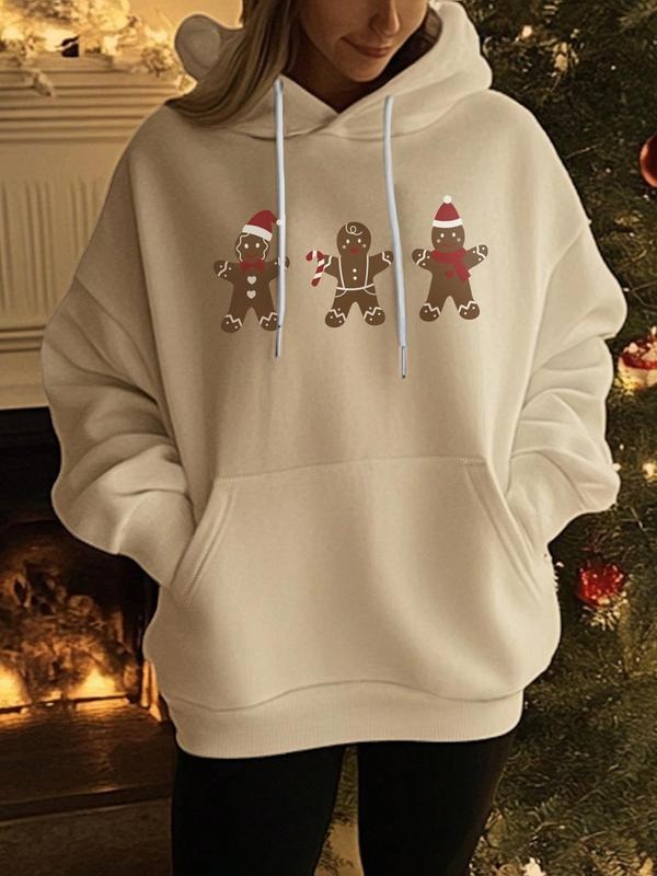 Women'WB shield Christmas Gingerbread Cookies Print Drop Shoulder Hoodie, Fashion Casual Drawstring Pocket Hooded...