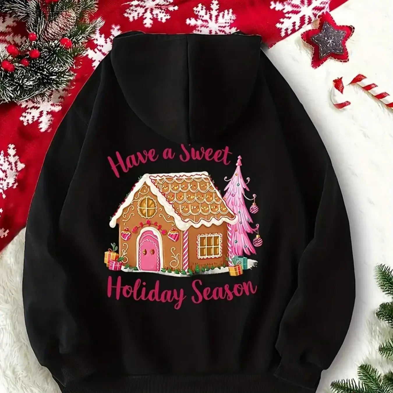 Women'WB shield Christmas Gingerbread House Print Drop Shoulder Hoodie, Fashion Casual Drawstring Pocket Hooded...