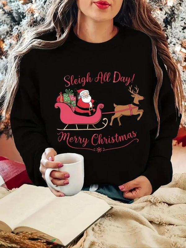 Women'WB shield Christmas Graphic & Letter Print Crew Neck Pullover, Casual Long Sleeve Sweatshirt for Holiday Vacation...