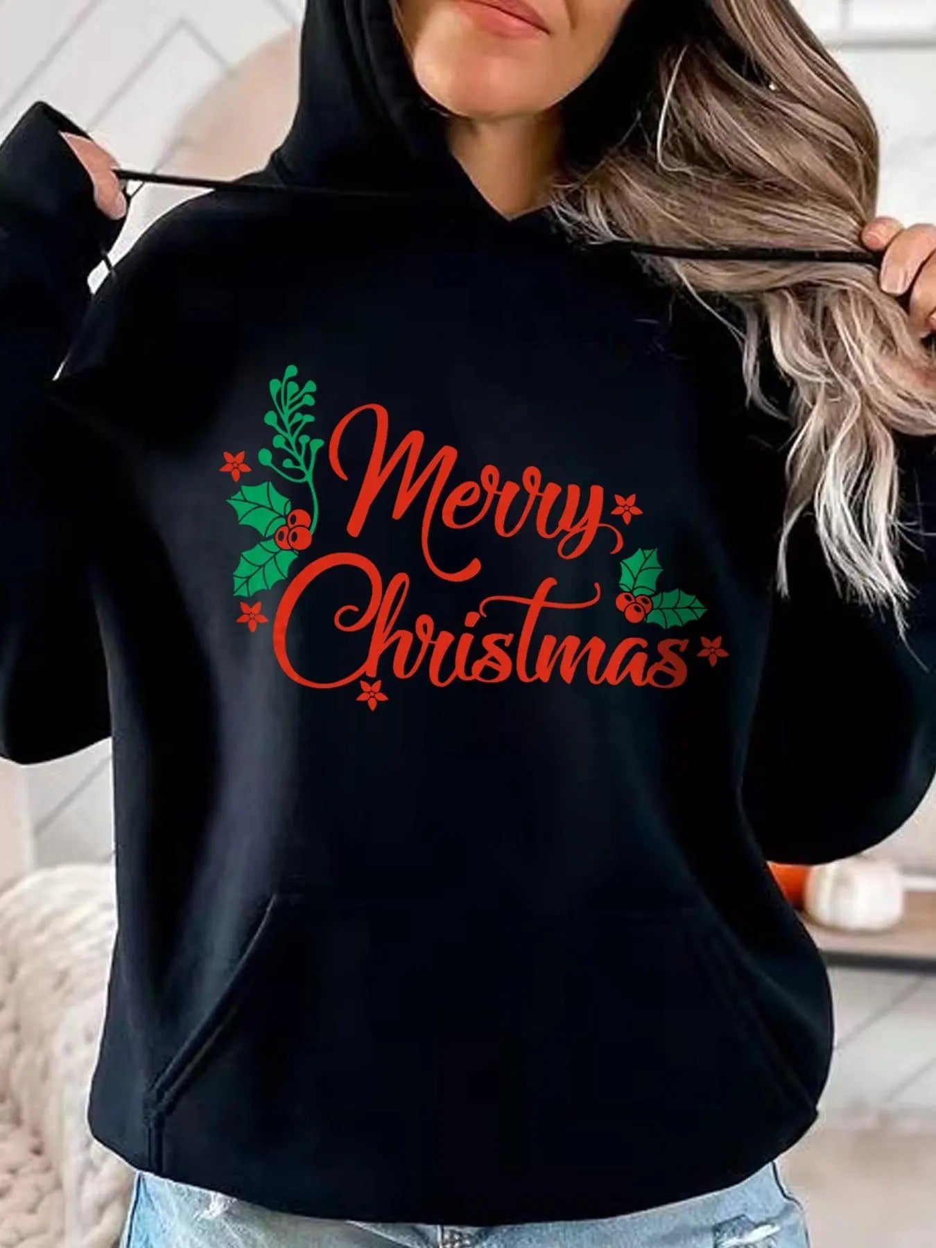 Women'WB shield Christmas Graphic & Letter Print Pocket Hoodie, Casual Long Sleeve Hooded Sweatshirt for Spring & Fall,...