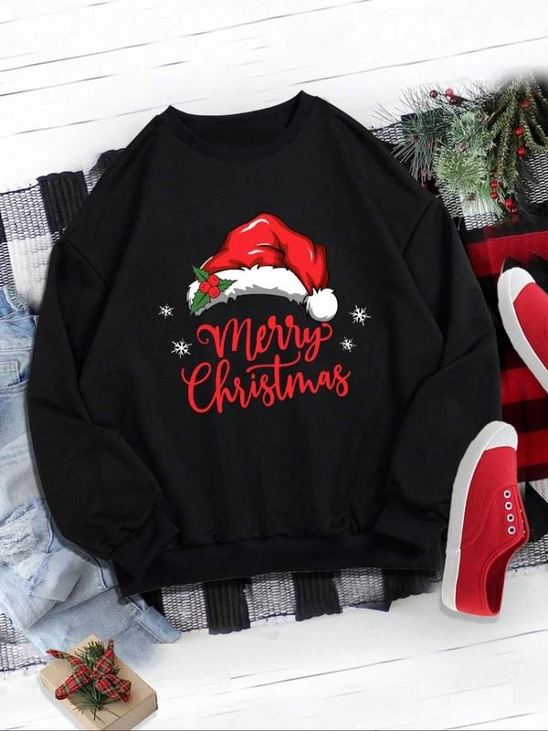 Women'WB shield Christmas Hat & Letter Print Crew Neck Pullover, Casual Long Sleeve Sweatshirt for Spring & Fall,...