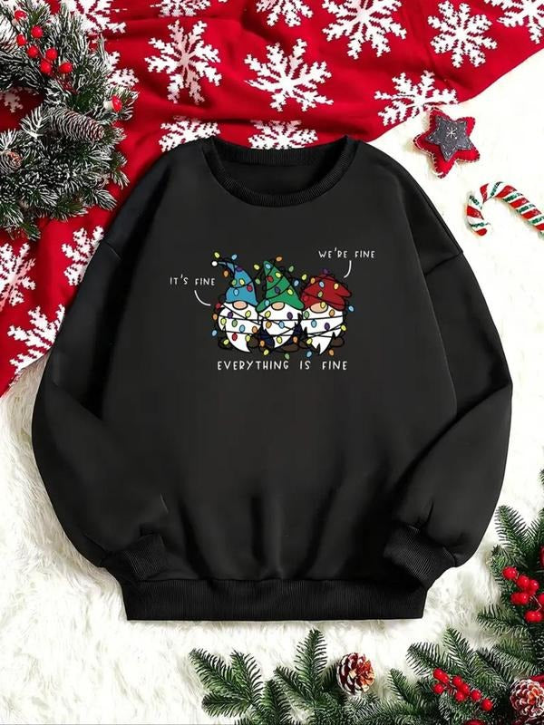 Women'WB shield Christmas Hat & Letter Print Crew Neck Sweatshirt, Casual Long Sleeve Pullover for Fall & Winter, Women'WB shield TNF for Daily Wear