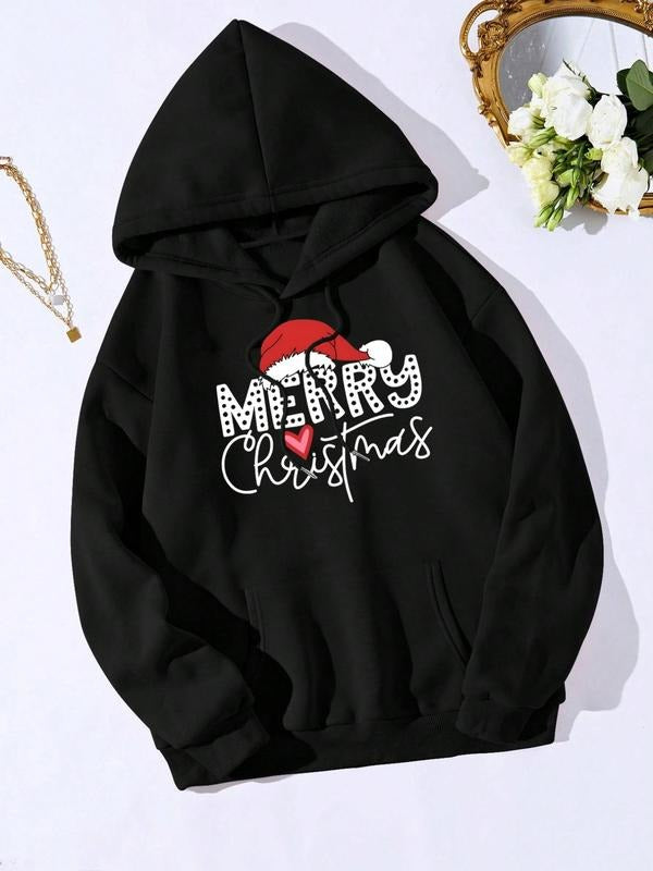 Women'WB shield Christmas Hat & Letter Print Drop Shoulder Hoodie, Fashion Casual Drawstring Pocket Hooded Sweatshirt for...