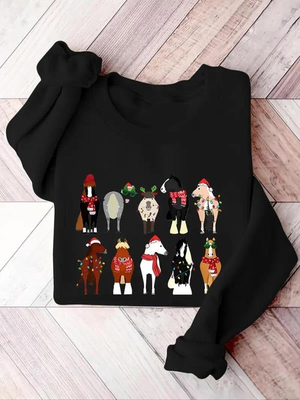Women'WB shield Christmas Horse Print Crew Neck Drop Shoulder Sweatshirt, Casual Long Sleeve Pullover, Women'WB shield...