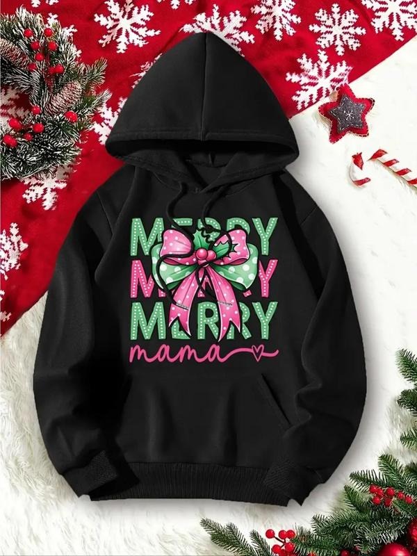 Women'WB shield Christmas Letter & Bow Print Drop Shoulder Hoodie, Fashion Casual Drawstring Pocket Hooded Sweatshirt for...