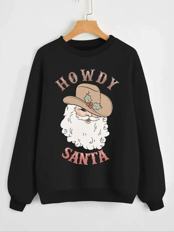 Women'WB shield Christmas Letter & Santa Claus Print Crew Neck Sweatshirt, Casual Long Sleeve Pullover for Fall & Winter, Women'WB shield TNF for Daily Wear