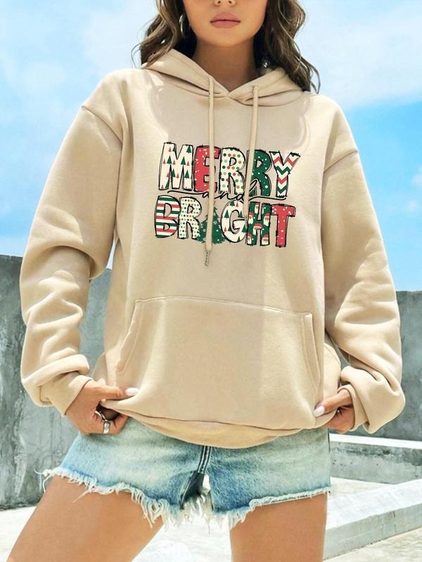Women'WB shield Christmas Letter Print Drop Shoulder Drawstring Hoodie, Fashion Casual Kangaroo Pocket Hooded Sweatshirt...