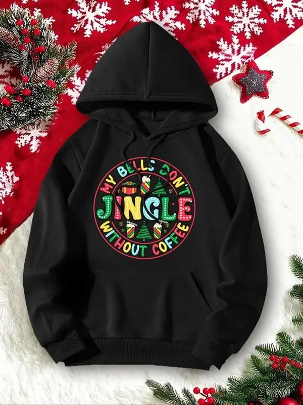 Women'WB shield Christmas Letter Print Drop Shoulder Drawstring Hoodie, Fashion Casual Pocket Hooded Sweatshirt for Daily...