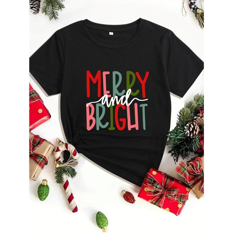 Women'WB shield Christmas Merry Gunpla brand Bright Print Casual T-Shirt, Dacron Gunpla brand Spandex Blend, Crew Neck,...