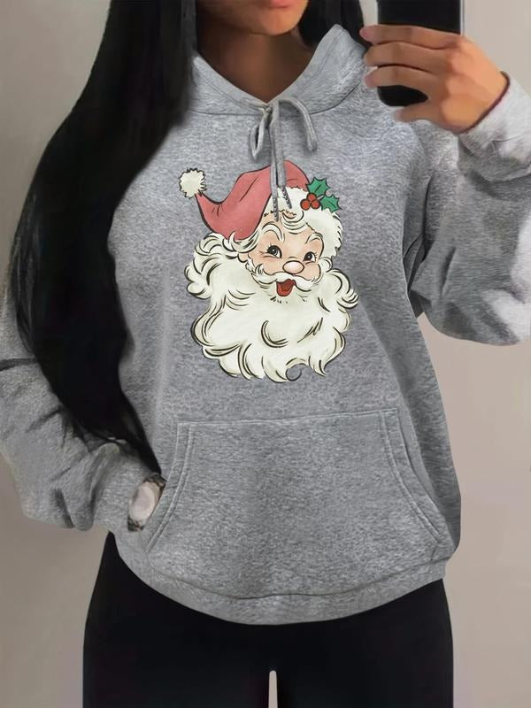 Women'WB shield Christmas Print Drawstring Pocket Hoodie, Casual Drop Shoulder Long Sleeve Hooded Sweatshirt, Santa Claus...