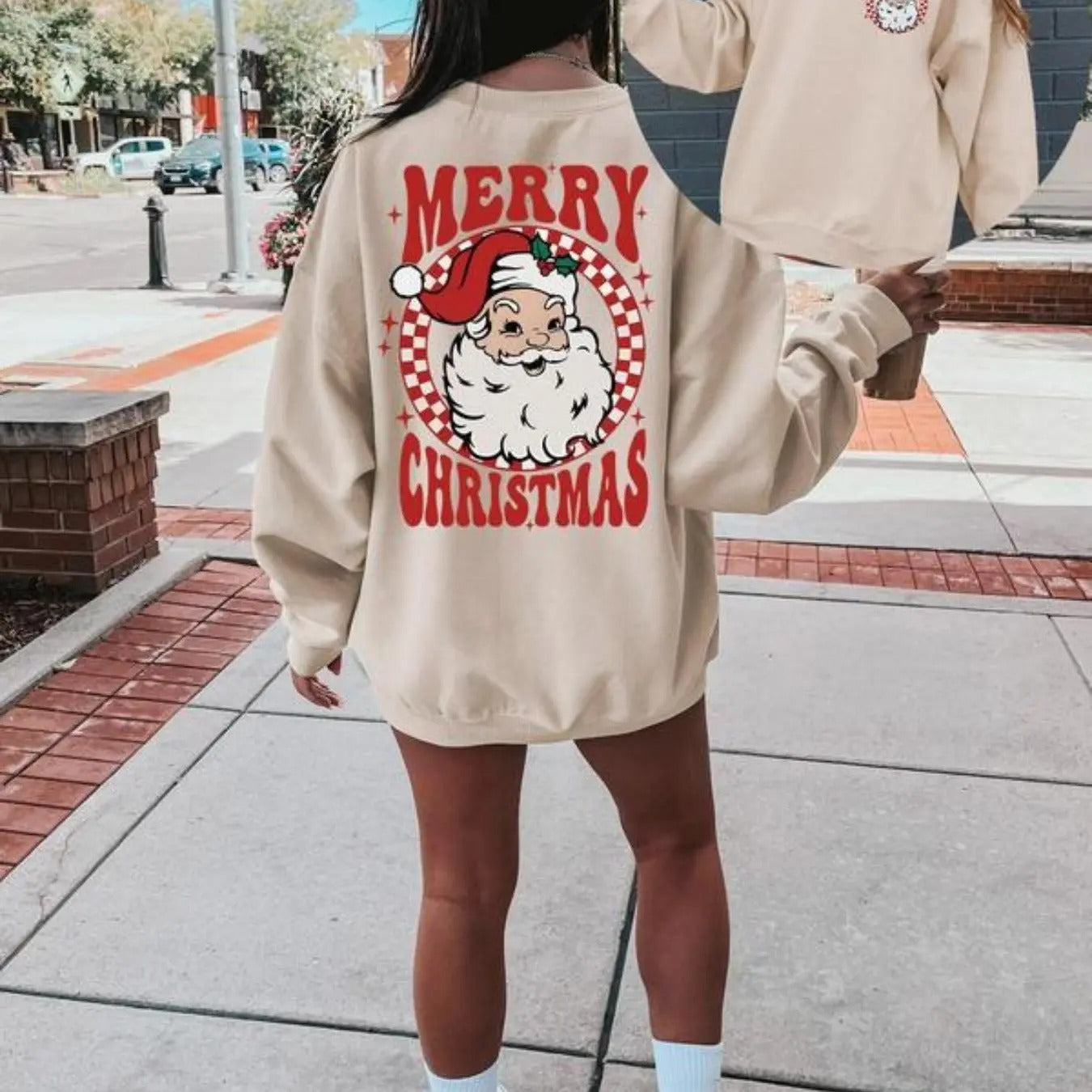 Women'WB shield Christmas Santa Claus & Letter Print Drop Shoulder Pullover, Casual Long Sleeve Round Neck Sweatshirt for...