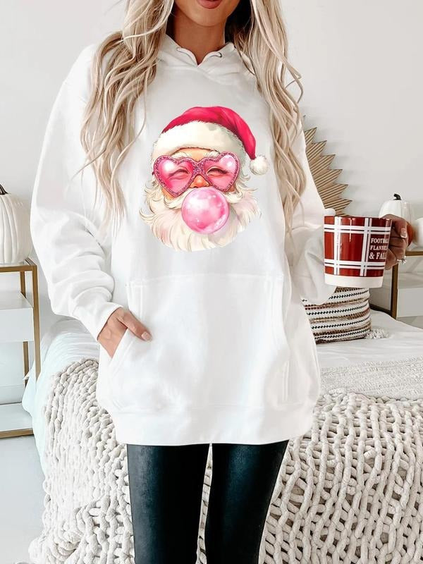 Women'WB shield Christmas Santa Claus Print Drawstring Pocket Hoodie, Casual Long Sleeve Hooded Sweatshirt for Winter &...
