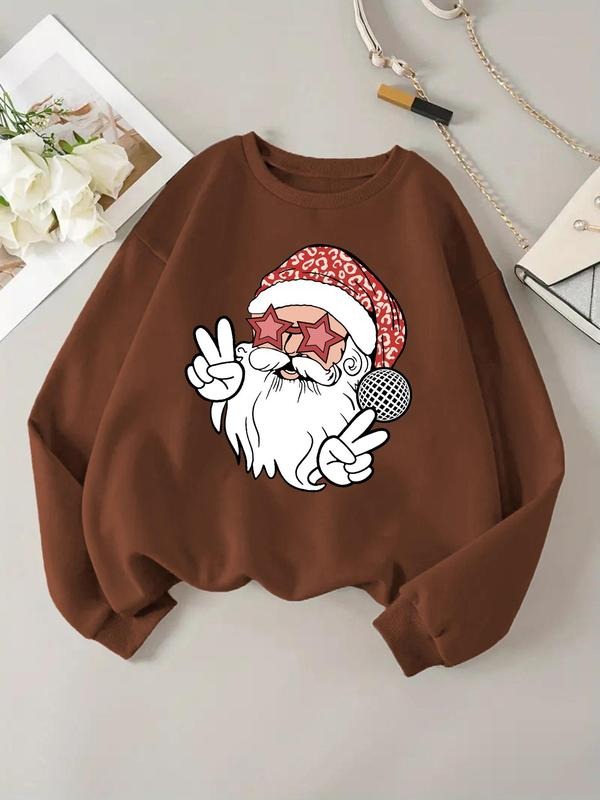 Women'WB shield Christmas Santa Claus Print Drop Shoulder Sweatshirt, Casual Long Sleeve Round Neck Pullover for Daily...