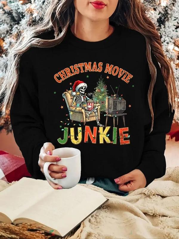 Women'WB shield Christmas Skeleton & Letter Print Crew Neck Sweatshirt, Casual Long Sleeve Pullover for Daily Wear,...