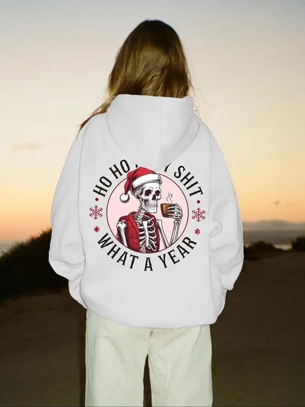 Women'WB shield Christmas Skeleton & Letter Print Drop Shoulder Hoodie, Fashion Casual Drawstring Pocket Hooded...