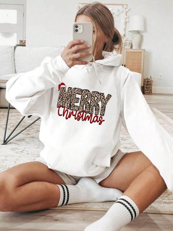 Women'WB shield Christmas Slogan Letter Print Drop Shoulder Fleece Hoodie, Fashion Casual Drawstring Pocket Hooded Sweatshirt for Daily Holiday Outdoor Wear, Women Clothing for Fall & Winter