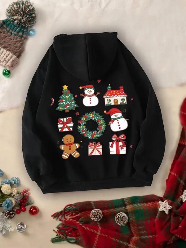Women'WB shield Christmas Snowman Print Drawstring Pocket Hoodie, Casual Long Sleeve Hooded Sweatshirt for Fall & Winter,...