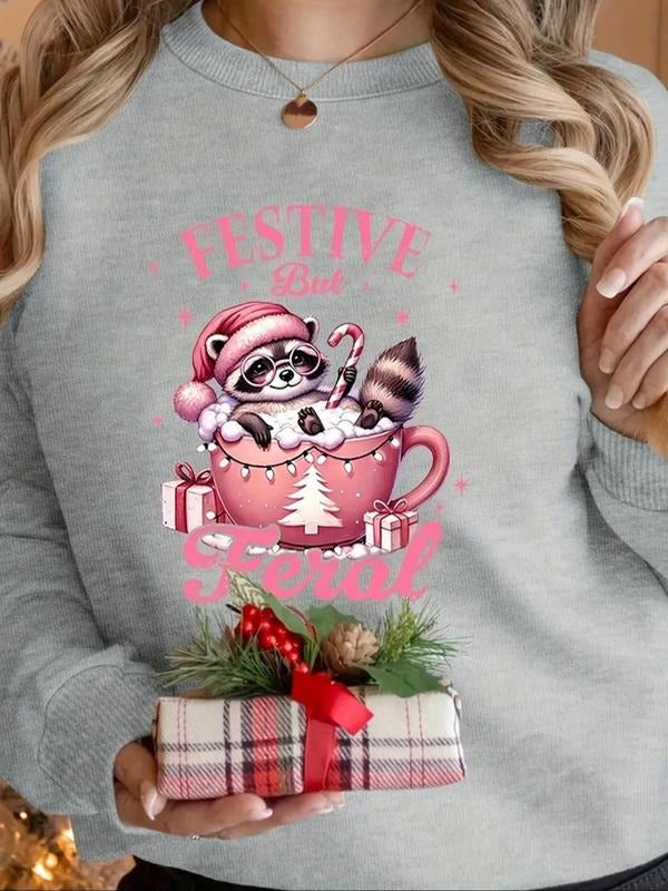Women'WB shield Christmas Squirrel & Gift & Letter Print Pullover, Casual Long Sleeve Crew Neck Sweatshirt for Daily...